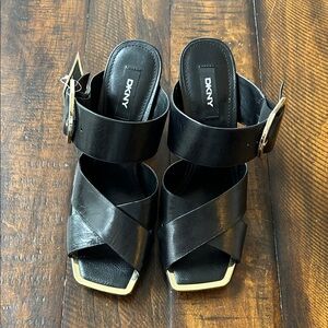 DKNY Black Strappy Heels with Gold Accents